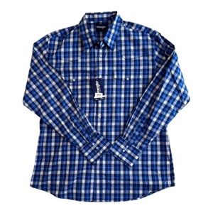 Wrangler Men's Blue and White Plaid Pearl-snap Shirt